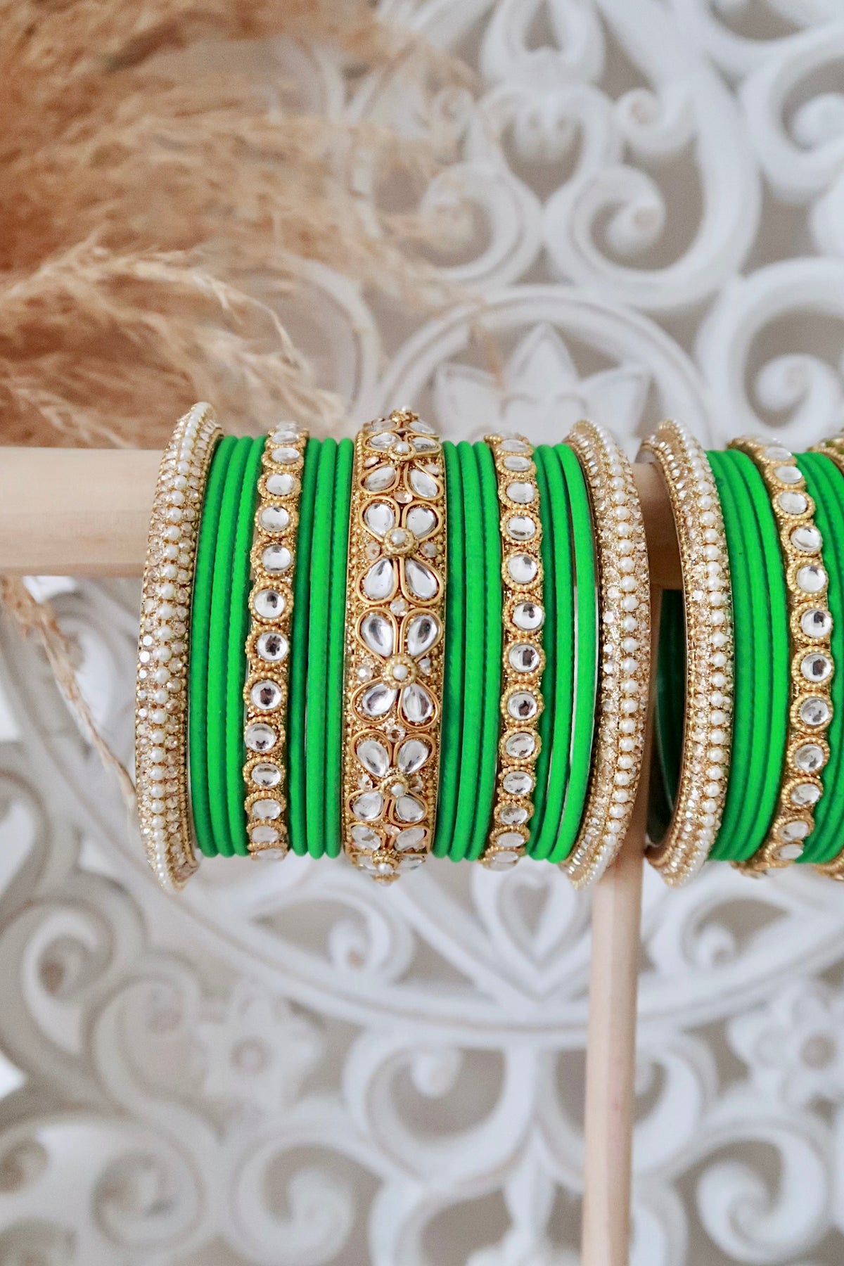 Kundan Bangle Set (Green)