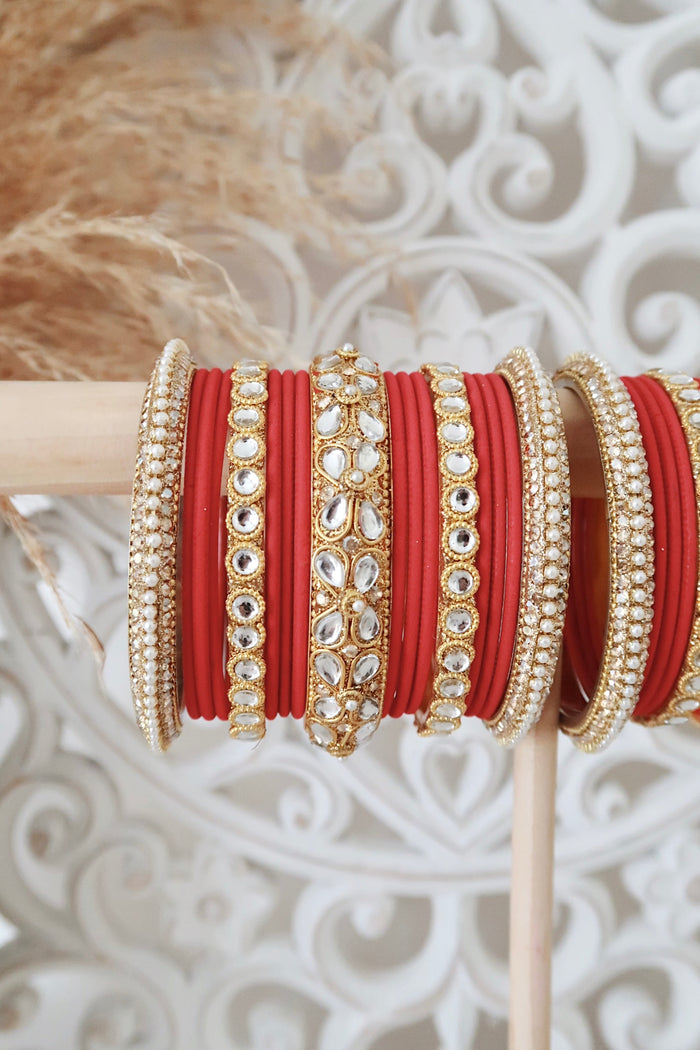 Kundan Bangle Set (Red)