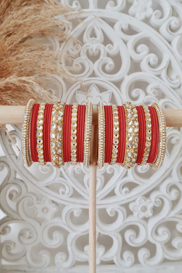 Kundan Bangle Set (Red)