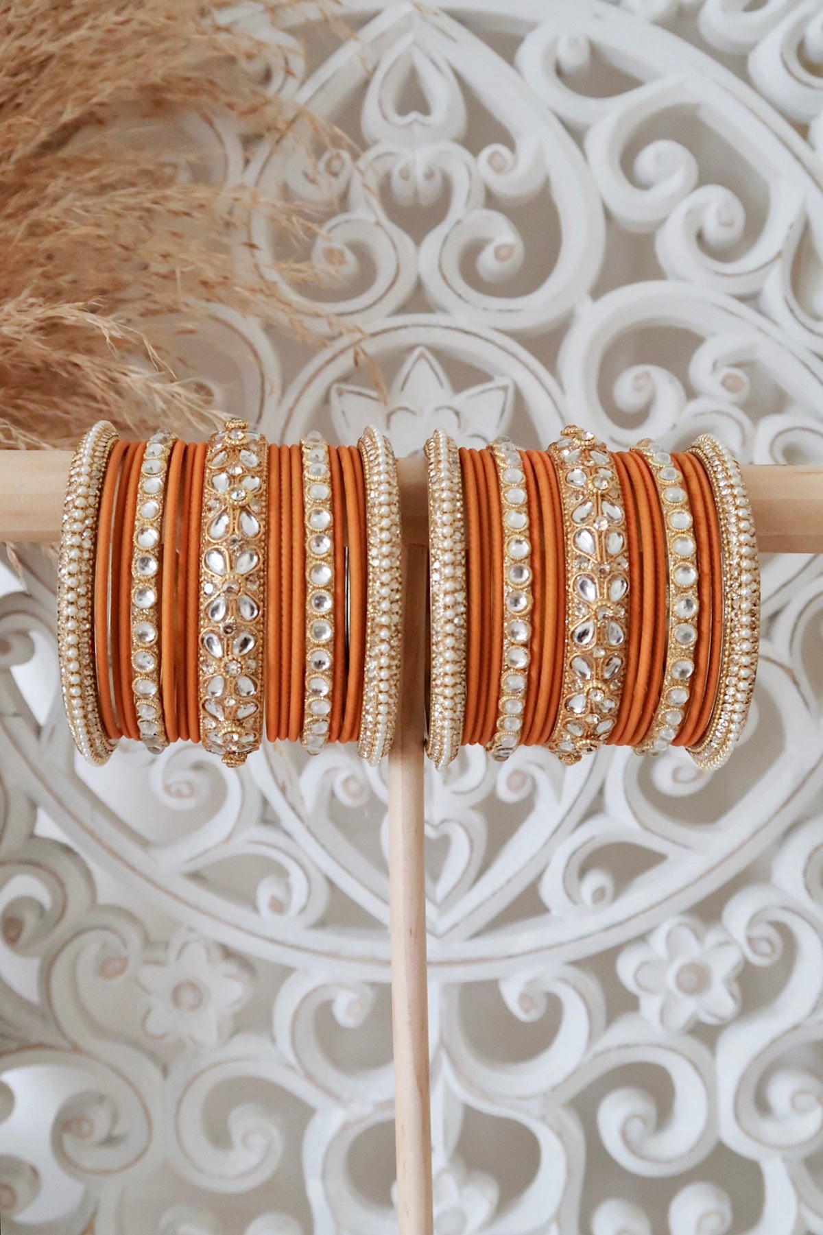 Kundan Bangle Set (Orange)