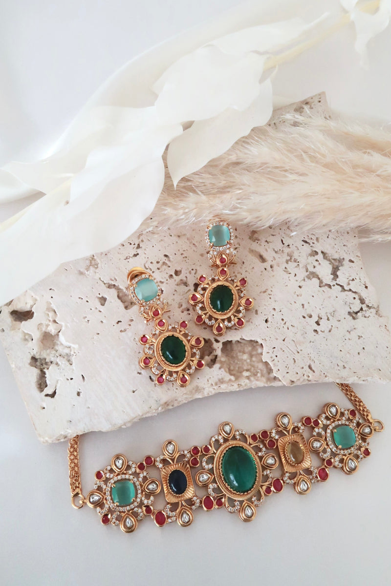 Kiara Choker Set (Green and Multi)
