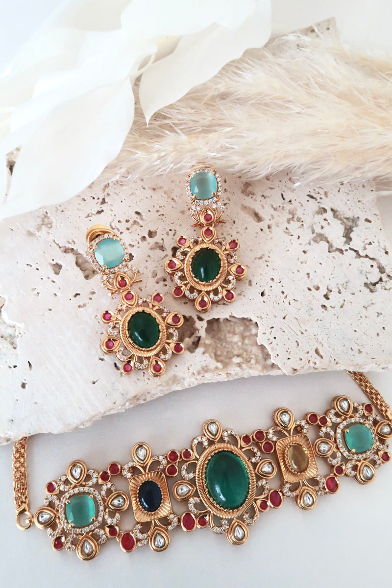 Kiara Choker Set (Green and Multi)